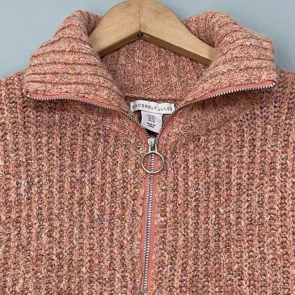 Sincerely Jules Size Medium Pink Wool Blend Cropped Chunky 1/4 Zip Sweater Boho - Picture 3 of 6
